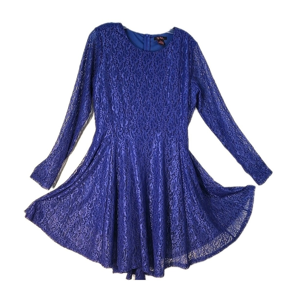 It's Pink Royal Blue Lace Skater Dress Long Sleeve Fit and Flare Mini L